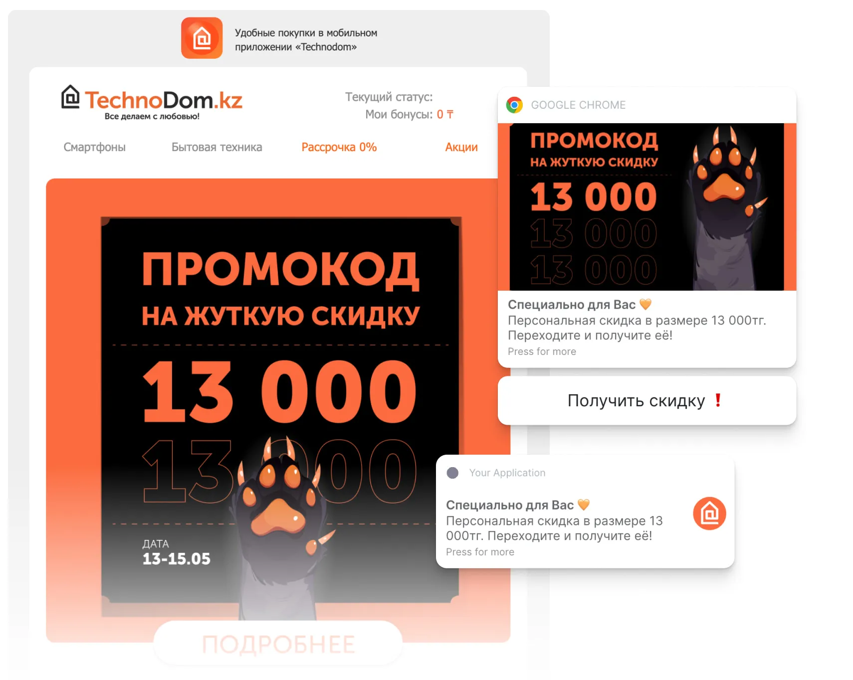 Email, браузерный и мобильный пуш для одной акции